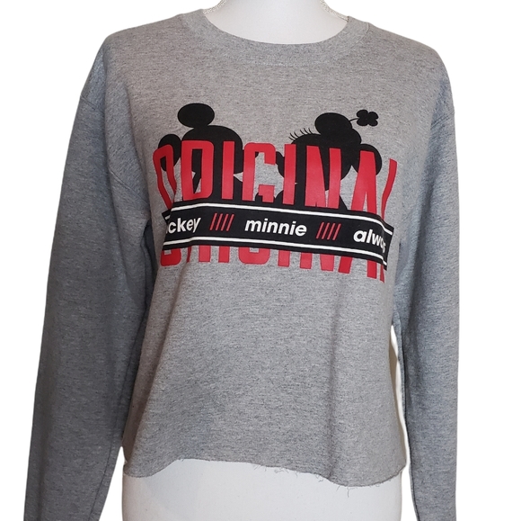 Disney Mickey Minnie Mouse Gray Fleece Cropped Sweatshirt Sz S Crewneck Sweater - Picture 2 of 8
